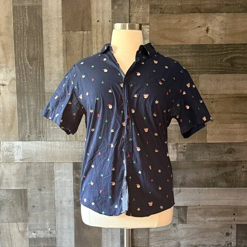 Men's Navy holiday button up shirt xlarge Santa elf Christmas tree reindeer